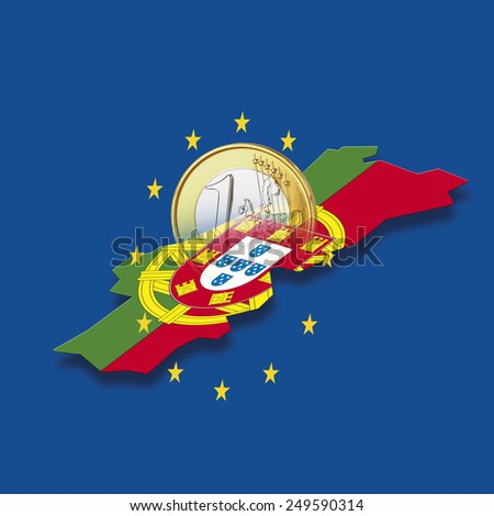 Contour of Portugal with European Union stars and euro coin against blue background, digital composite