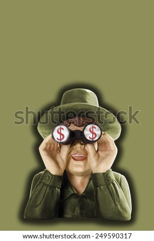 Man holding binoculars with Dollar signs,close up