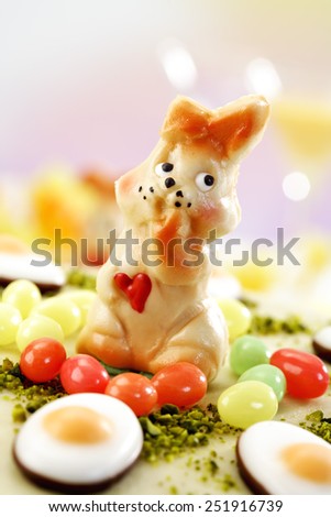 Easter cake, Marzipan cake with pistachio, Easter bunny figurine and fondant