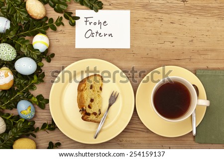 Easter decoration, card, Happy Easter, cake and coffee cup