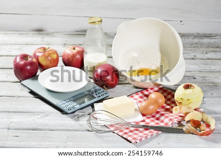 Ingredients for apple pie, apples, butter, eggs, flour, milk and sugar