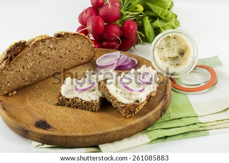 Lard bread with red radish, onion rings and cress