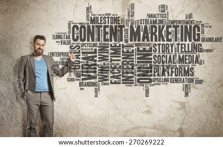 Content Marketing Word Cloud on Grunge Wall, Business Man as Presenter