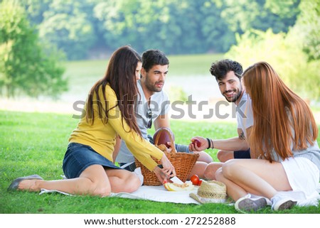 Group of friends having picnic on green meadow
