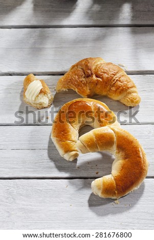Breakfast, butter croissants and butter curl on wood