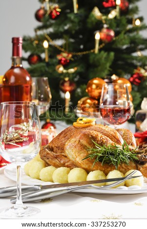 Christmas dinner, roasted turkey and christmas decoration