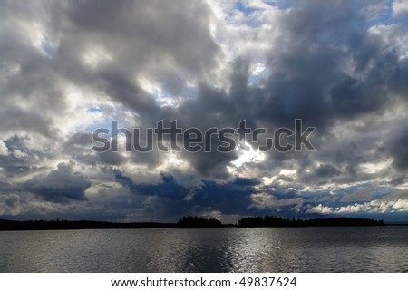 Lake under dark storm clouds