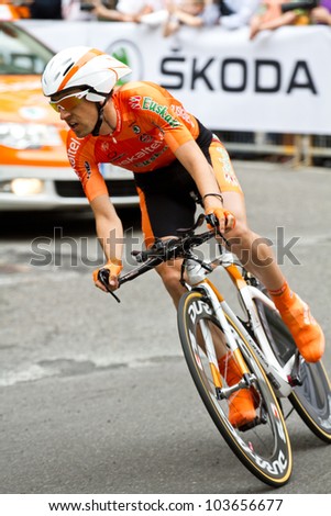 MILAN, ITALY - MAY 27:The professional cyclist Mikel Nieve competes during the individual chronometer at 95 Giro D\'Italia on May 27, 2012 in Milan, Italy.