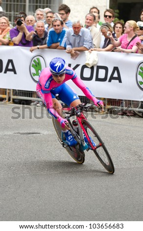 MILAN, ITALY - MAY 27:The professional cyclist Michele Scarponi competes during the individual chronometer at 95 Giro D\'Italia on May 27, 2012 in Milan, Italy.