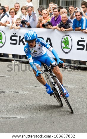 MILAN, ITALY - MAY 27: The professional cyclist Domenico Pozzovivo competes during the individual chronometer at 95 Giro D\'Italia on May 27, 2012 in Milan, Italy.