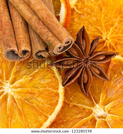 Cinnamon sticks, star anise and dried orange cuts