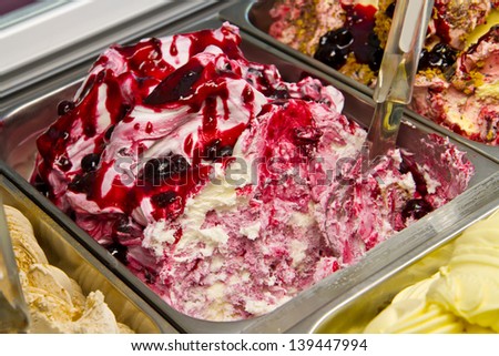 Mixed trays of ice cream in ice-cream shop