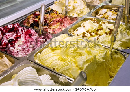Mixed trays of ice cream in ice-cream shop