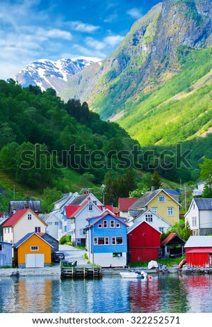 Village and Sea view on mountains in Geiranger fjord, Norway