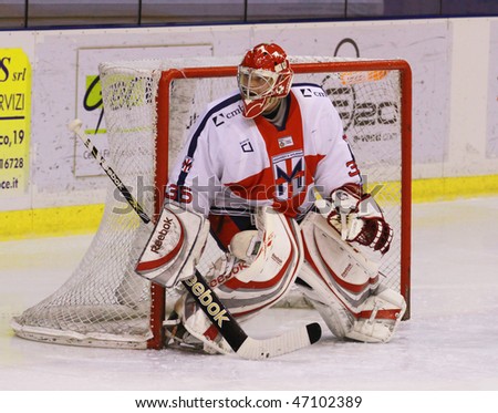 MILAN, ITALY - Feb 19, 2010: Paolo Della Bella of the HC Milano during a play-off game against the SSI Vipiteno at AgorÃ   Arena on February 19, 2010, in Milan