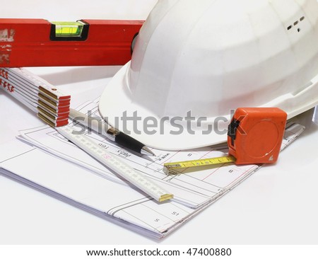 Architectural background with Drawing and various working tools