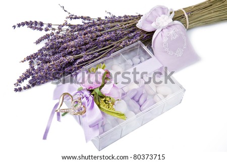 photo wedding favor with lavender flowers isolated on white background