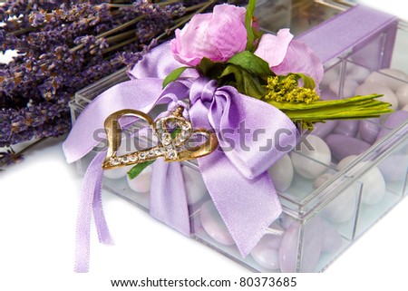  photo wedding favor with lavender flowers isolated on white background