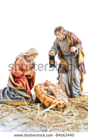 isolated nativity scene; Jesus Christ, Mary and Josef