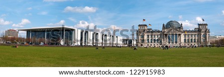 BERLIN, GERMANY - APRIL, 14: The Reichstag building and Federal Parliament Offices in Berlin, Germany on April 14, 2012 It was opened in 1894 as a Parliament of the German Empire and work till today.