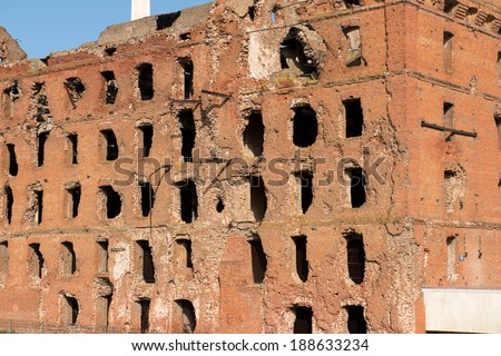 Ruined during the World War 2 red brick mill as a war monument in a center of Volgograd (former Stalingrad). Russia