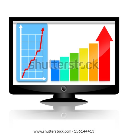 Business success charts with statistical graph and upward arrow on the computer monitor screen