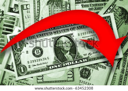 Dollar falling financial concept with red arrow indicates falls