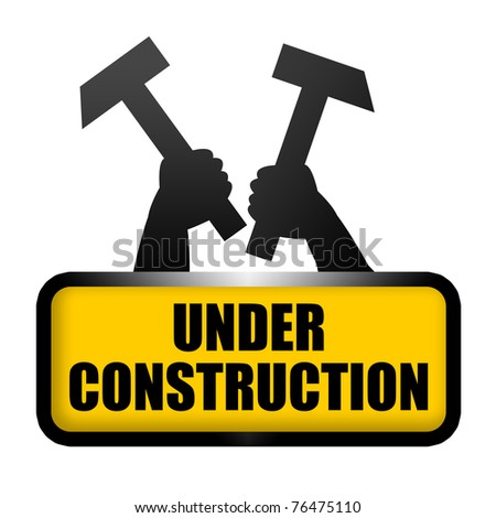 Under construction metal plate with raised up arms of workers holding hammers in hands isolated over white background