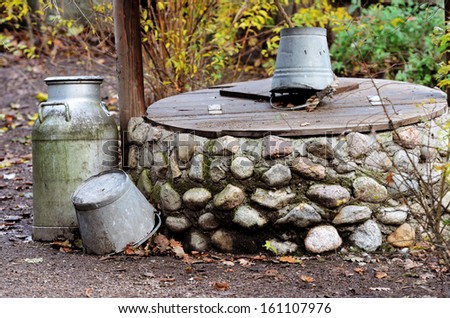rustic stone well, can and bucket in the garden