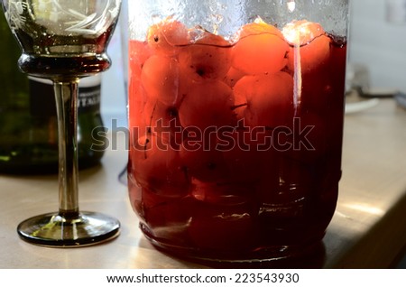 glass jar with canned apples sunlit, horizontal