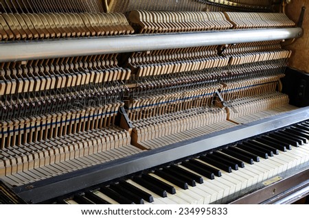 inside the piano: string, pins, keys and hammers