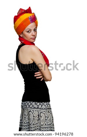 stock photo isolated caucasian girl with indian wedding keffiyeh on white