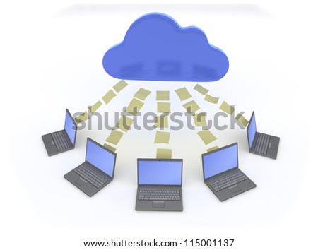 Cloud Data Sharing 3D concept showing data and filesharing with cloud computing Isolated on White Background