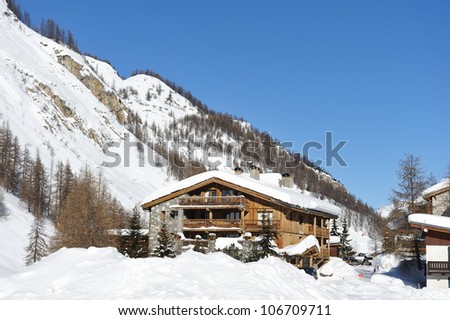Mountain ski resort with snow in winter, Val-d\'Isere, Alps, France