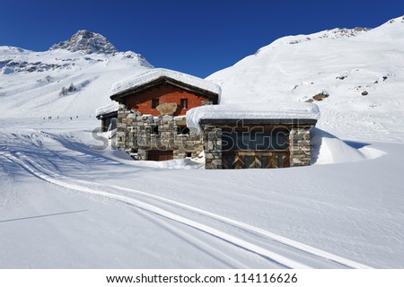 Mountain ski resort with snow in winter, Val-d'Isere, Alps, France