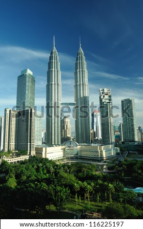 KUALA LUMPUR, MALAYSIA - AUGUST 24: Petronas Twin Towers at morning on August 24, 2012 in Kuala Lumpur. Petronas Twin Towers  were the tallest buildings (452 m) in the world from 1998 to 2004.