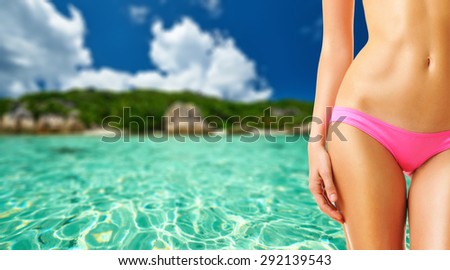 Woman on beautiful beach at Seychelles, La Digue, Anse Source d'Argent. Collage.