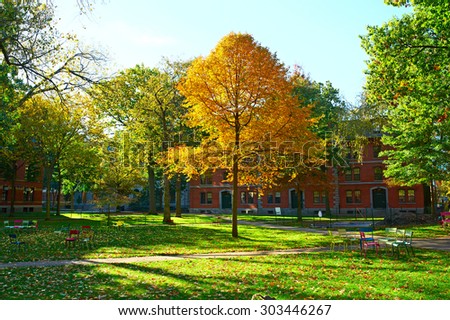 CAMBRIDGE, USA - OCTOBER 25: Harvard yard at autumn,  October 25 2014 in Cambridge, USA