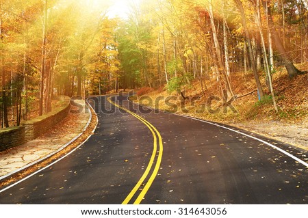 Autumn scene with road in forest at Letchworth State Park