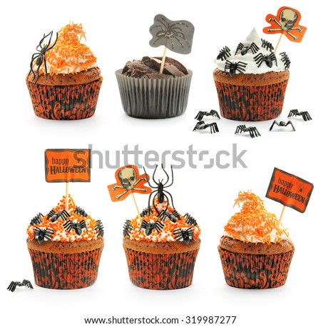 Halloween cakes with decoration set isolated on white
