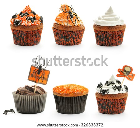 Halloween cakes with decoration set isolated on white