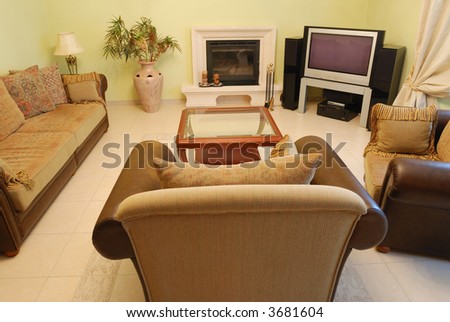 Interior with home movie theater and fireplace (all brand names are removed)