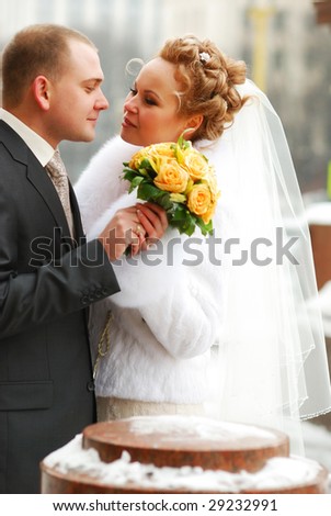stock photo Winter wedding Bride and groom outdoors winter wedding outdoors