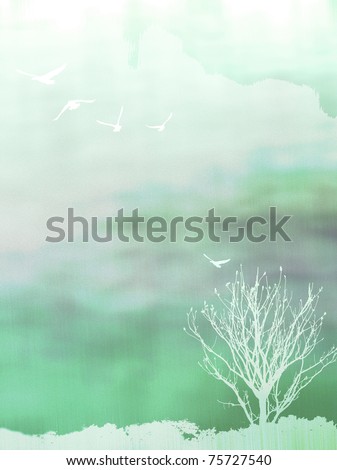 white tree and birds on green background,paper texture