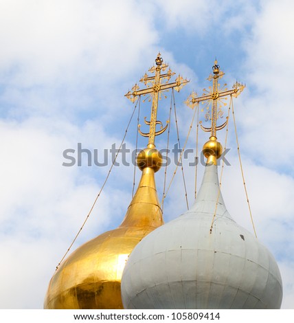 Golden domes and crosses of the Russian Orthodox Church.