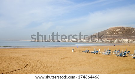 Agadir Sand Beach, Morocco.The Inscription On The Mountain - God, King, Country