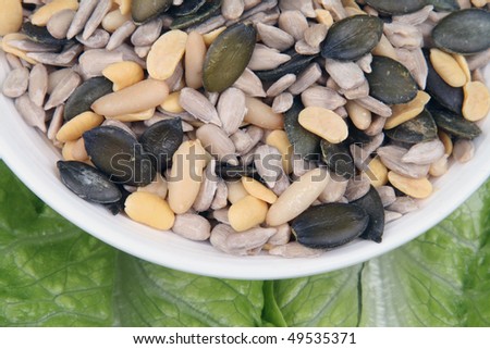 Salad topping: a crunchy mix of various kernels with  sunflower seeds,  pumpkin seeds, roasted soybeans and  pine kernels.