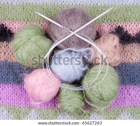 Balls of  mohair wool  and  knitting needles on handmade mohair sweater