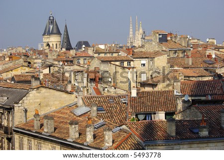Skyline of Bordeaux, France, showing one of the old entry gates to the city.