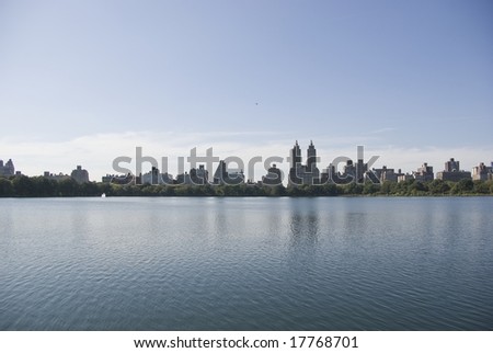 West side skyline of Manhattan from the Reservoir in Central Park